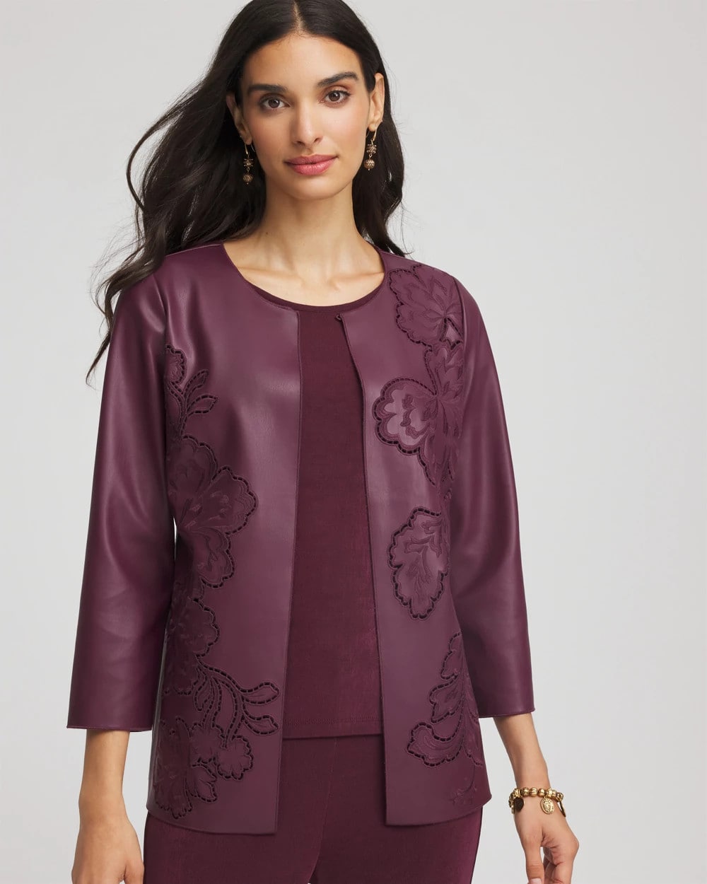 Chico's Travelers™ Collection Faux Leather Embroidered Jacket BLACKENED BURGUNDY