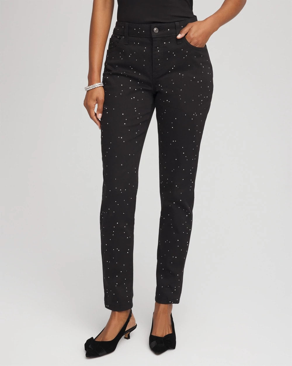 Chico's Stone Embellished Girlfriend Slim Ankle Jeans BLACK