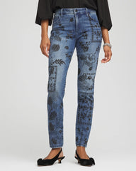Chico's Mixed-Media Girlfriend Slim Ankle Jeans EMILIA INDIGO