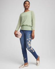 Chico's Appliqué Girlfriend Slim Ankle Jeans DRAGON ROAD INDIGO