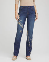 Chico's Sequins Rose Girlfriend Slim-Leg Jeans SEQUOIA INDIGO