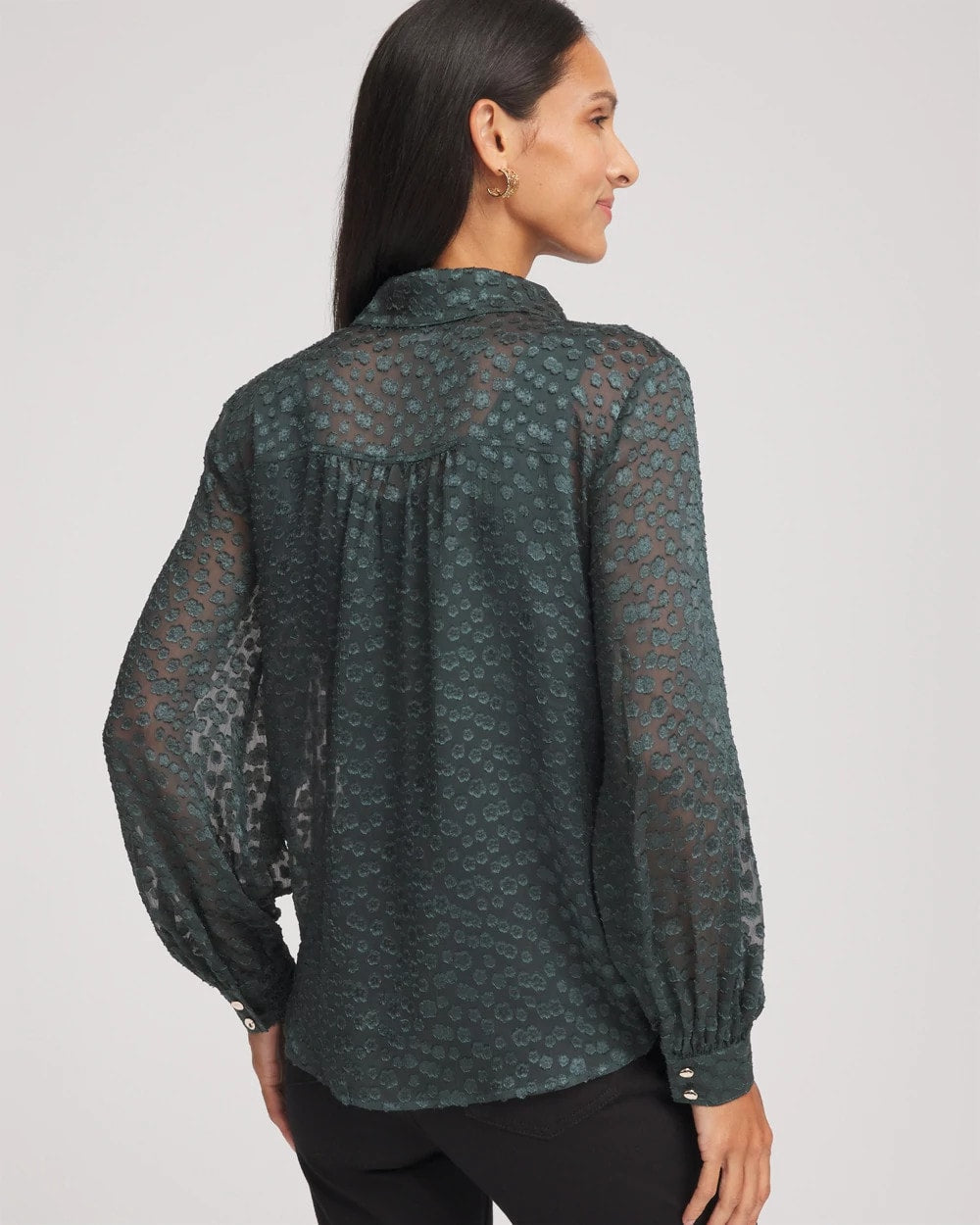 Chico's Clip-Dot Billow-Sleeve Blouse DARKEST SPRUCE