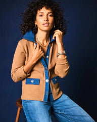 Chico's Collared Denim Trim Cardigan CARAMEL APPLE HEATHER