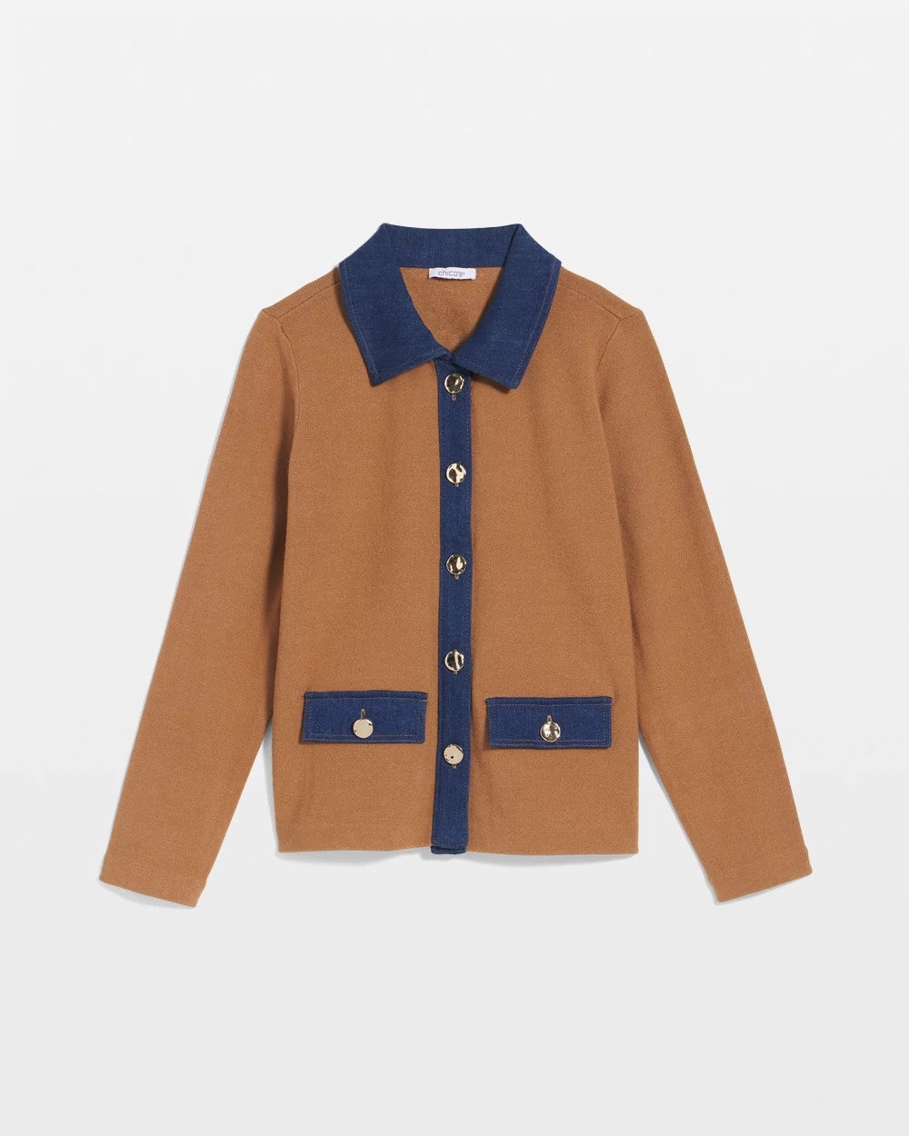 Chico's Collared Denim Trim Cardigan CARAMEL APPLE HEATHER