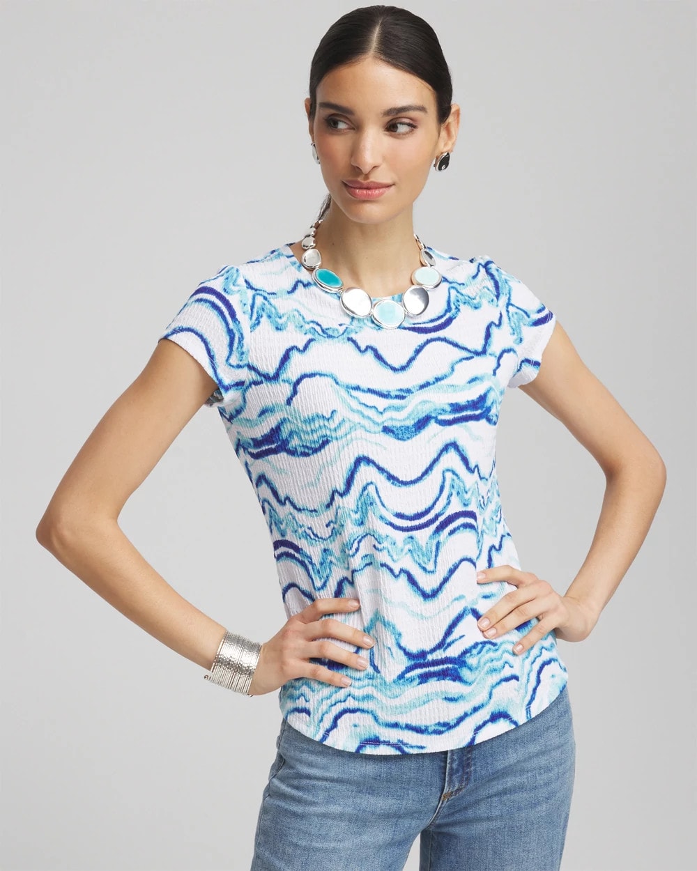 Chico's Ocean Waves Cap Sleeve Dolman Tee ALABASTER