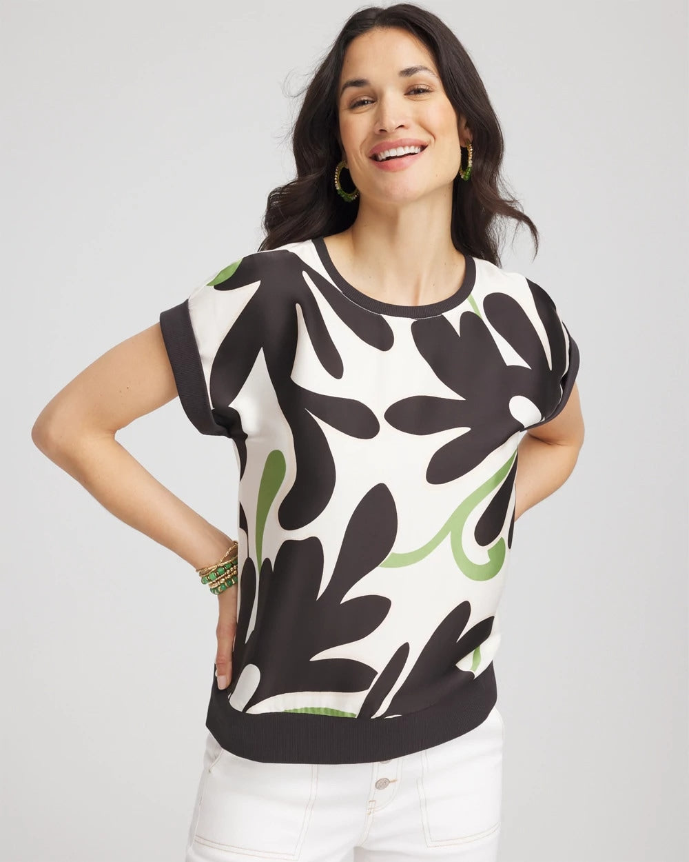 Chico's Floral Rib-Knit Satin Top ECRU