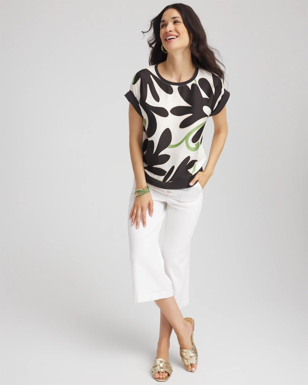 Chico's Floral Rib-Knit Satin Top ECRU