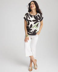 Chico's Floral Rib-Knit Satin Top ECRU