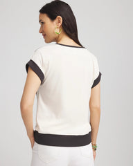 Chico's Floral Rib-Knit Satin Top ECRU
