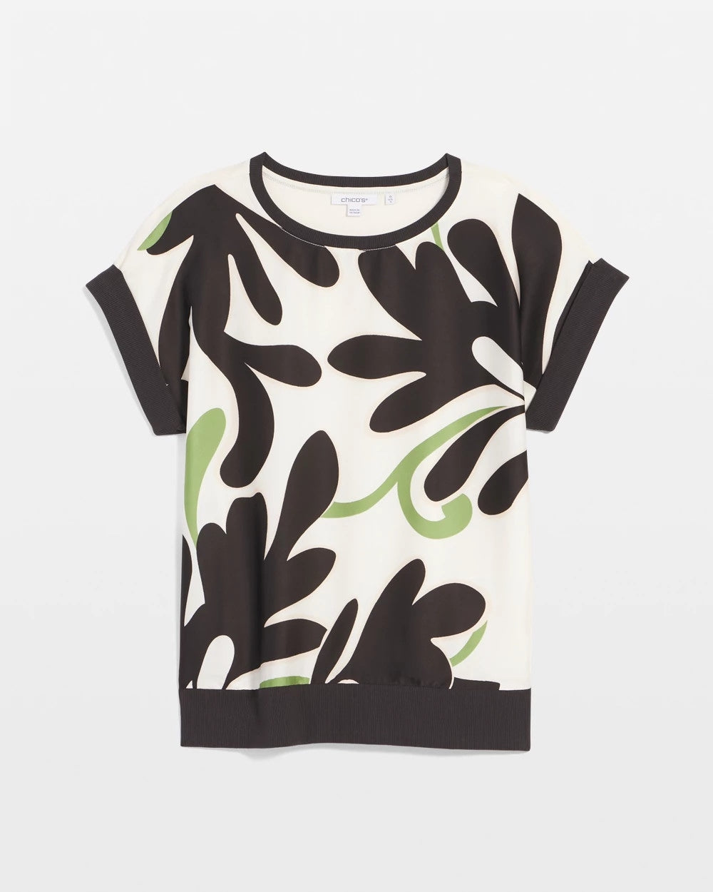 Chico's Floral Rib-Knit Satin Top ECRU