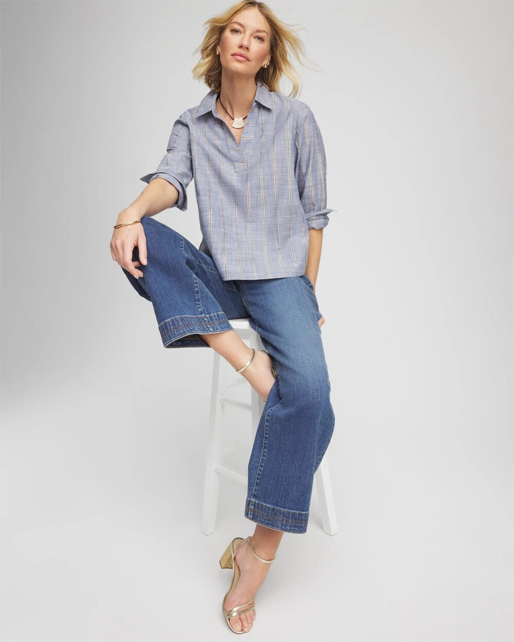 Chico's Striped Soft Denim Popover INDIGO