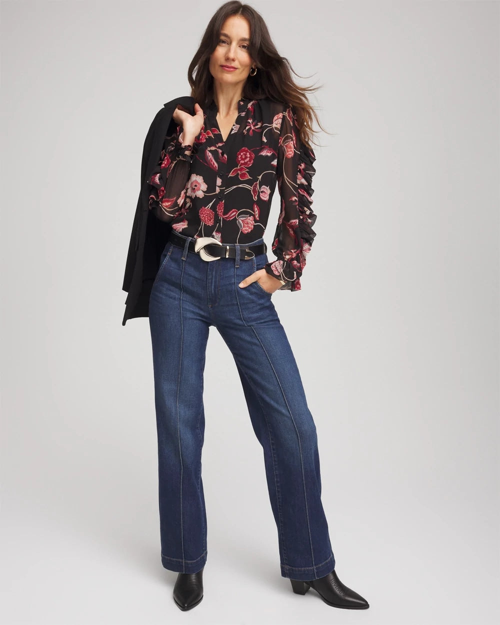 Chico's Georgette Celtic Blooms Blouse BLACK