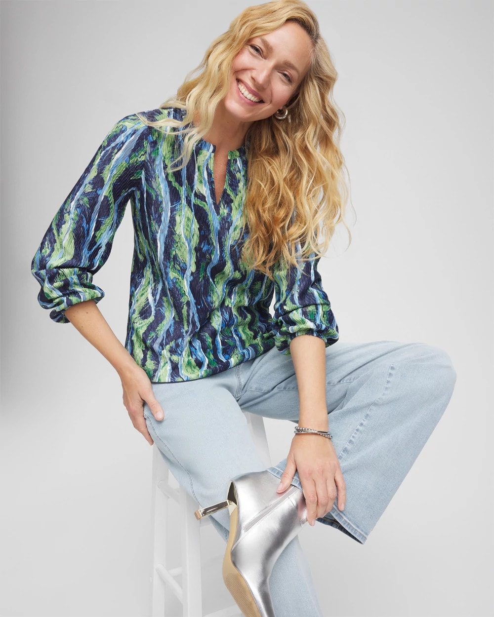 Chico's Ocean Plume Crinkle Top PASSPORT BLUE