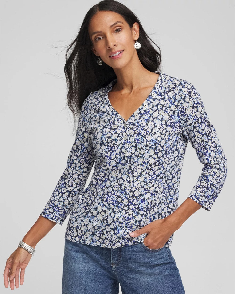Chico's Printed Slub Splitneck Button Tee PASSPORT BLUE