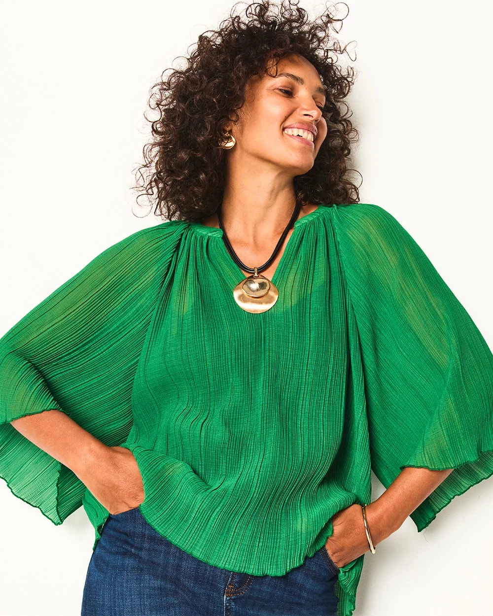 Chico's Textured Pleated Chiffon Blouse JARDIN GREEN