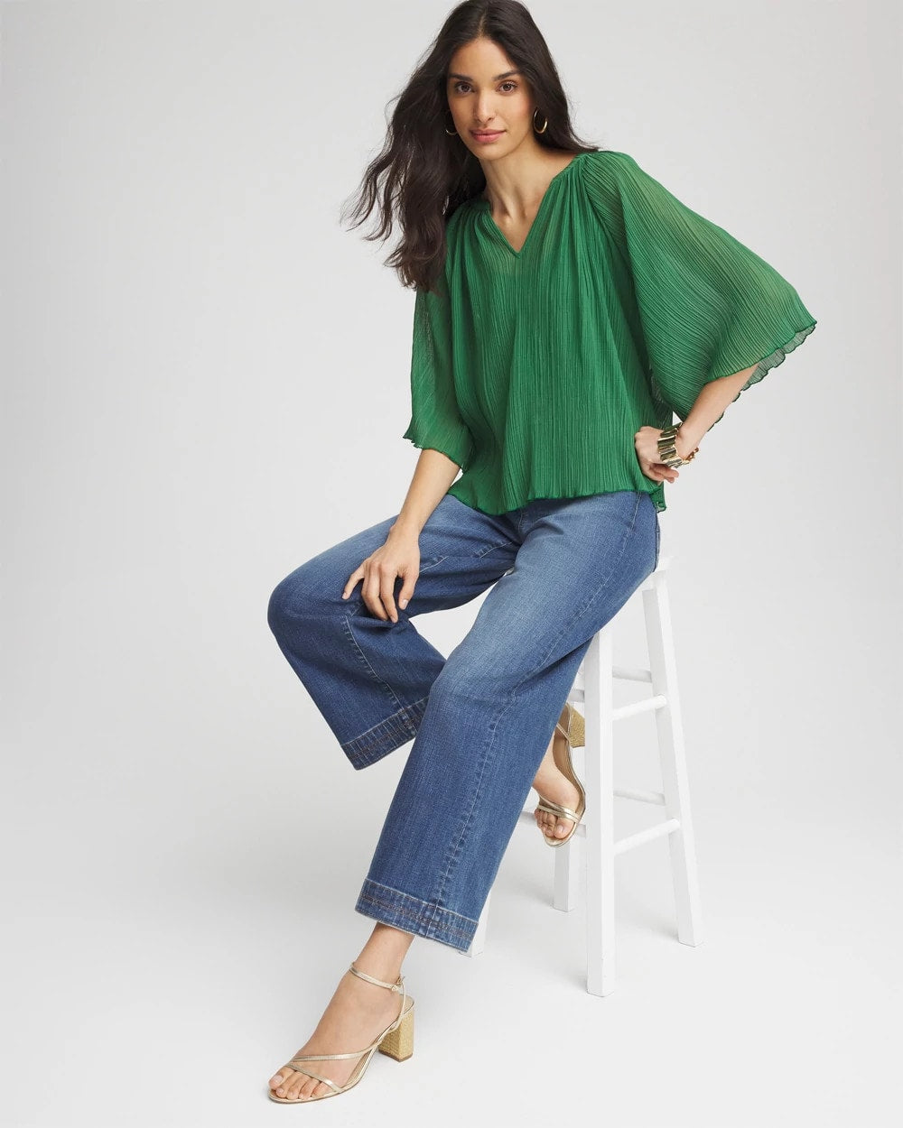 Chico's Textured Pleated Chiffon Blouse JARDIN GREEN