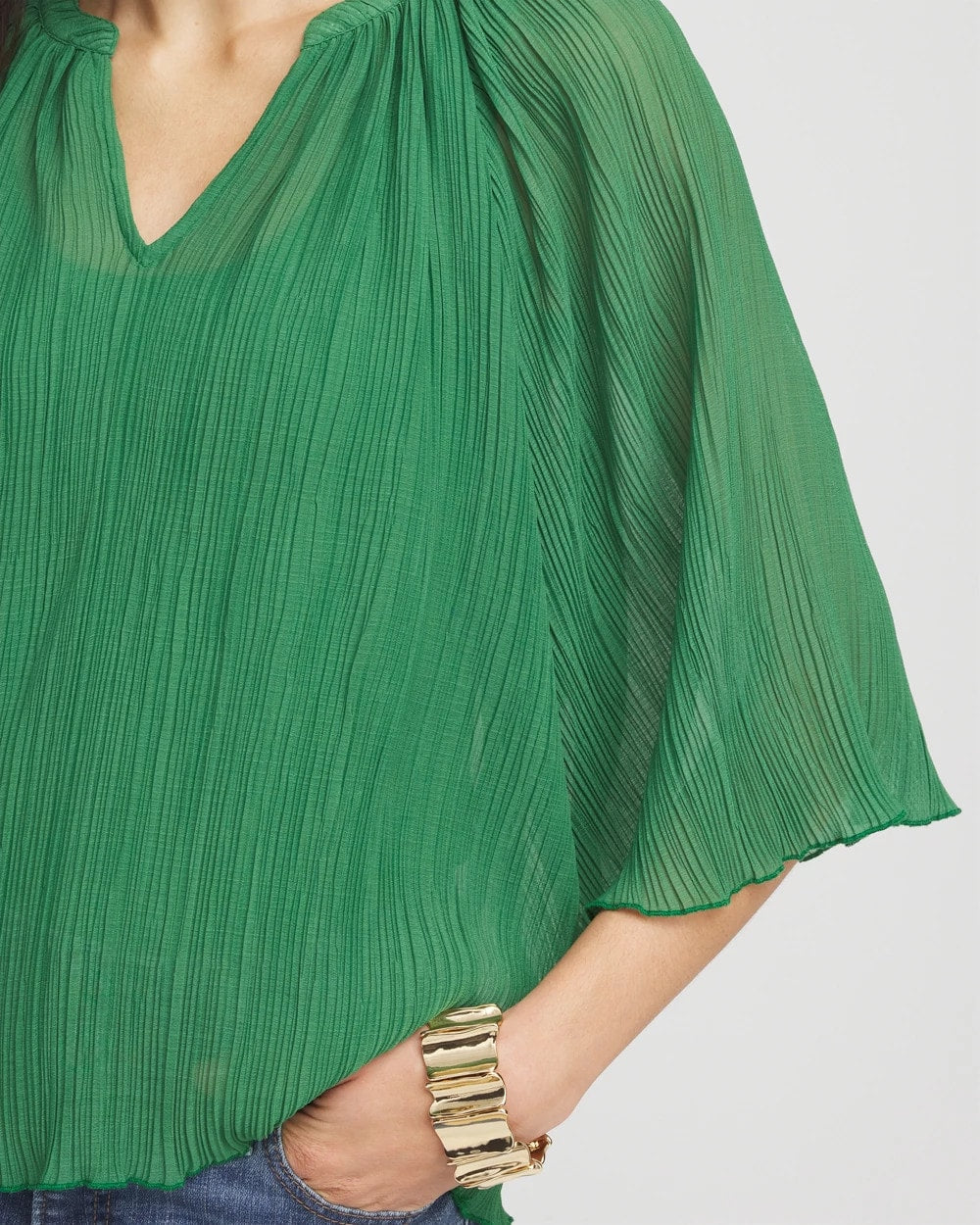 Chico's Textured Pleated Chiffon Blouse JARDIN GREEN