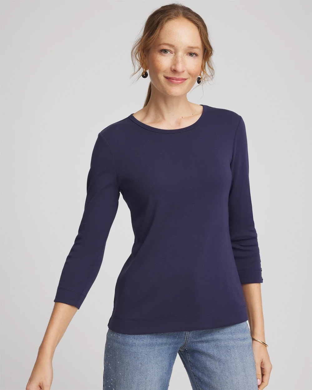 Chico's Pima Cotton Crewneck Button Tee PASSPORT BLUE
