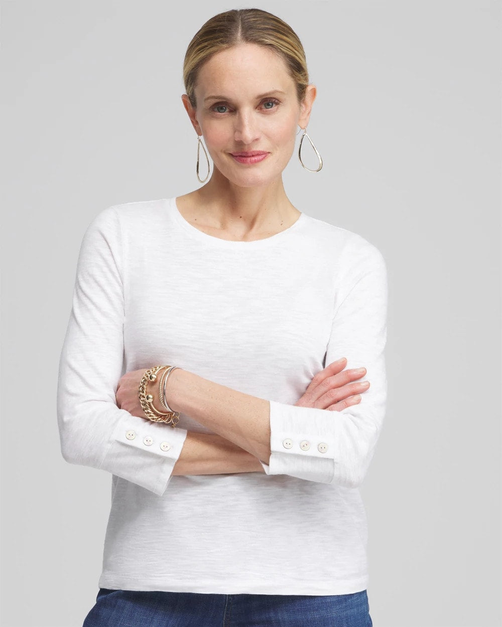 Chico's 3/4 Sleeve Button Tee ALABASTER