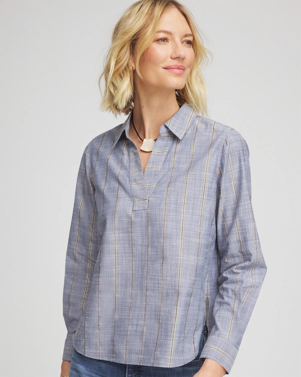 Chico's Striped Soft Denim Popover INDIGO