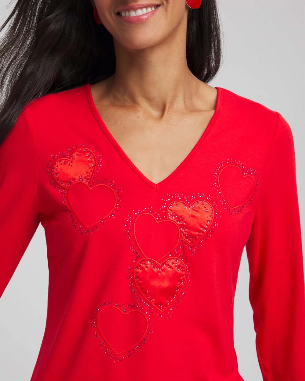 Chico's Embellished Heart V-Neck Tee LOVE LETTER RED