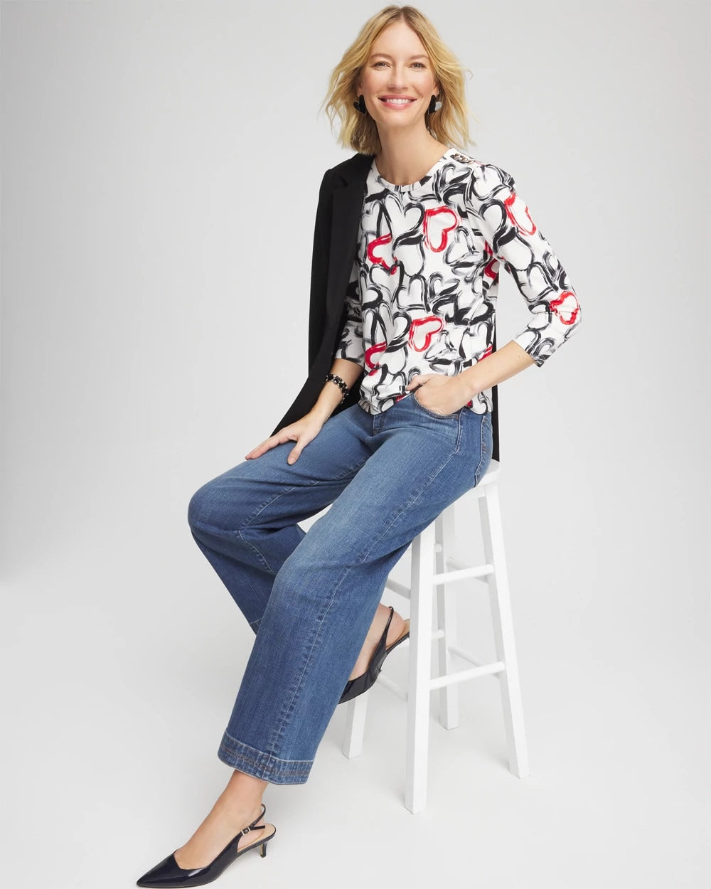 Chico's Love Brush Button Heart Tee BLACK