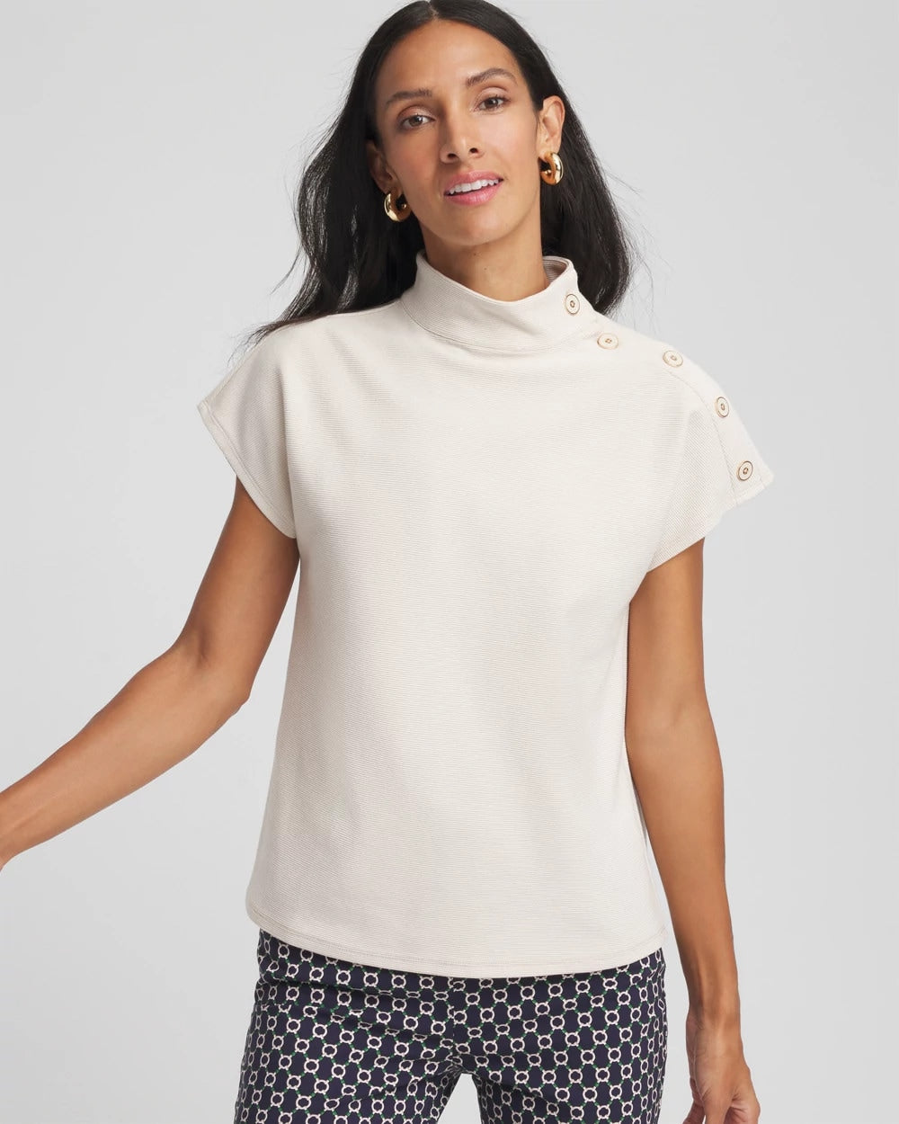 Chico's Ottoman Cap Sleeve Tee WHITE TRUFFLE