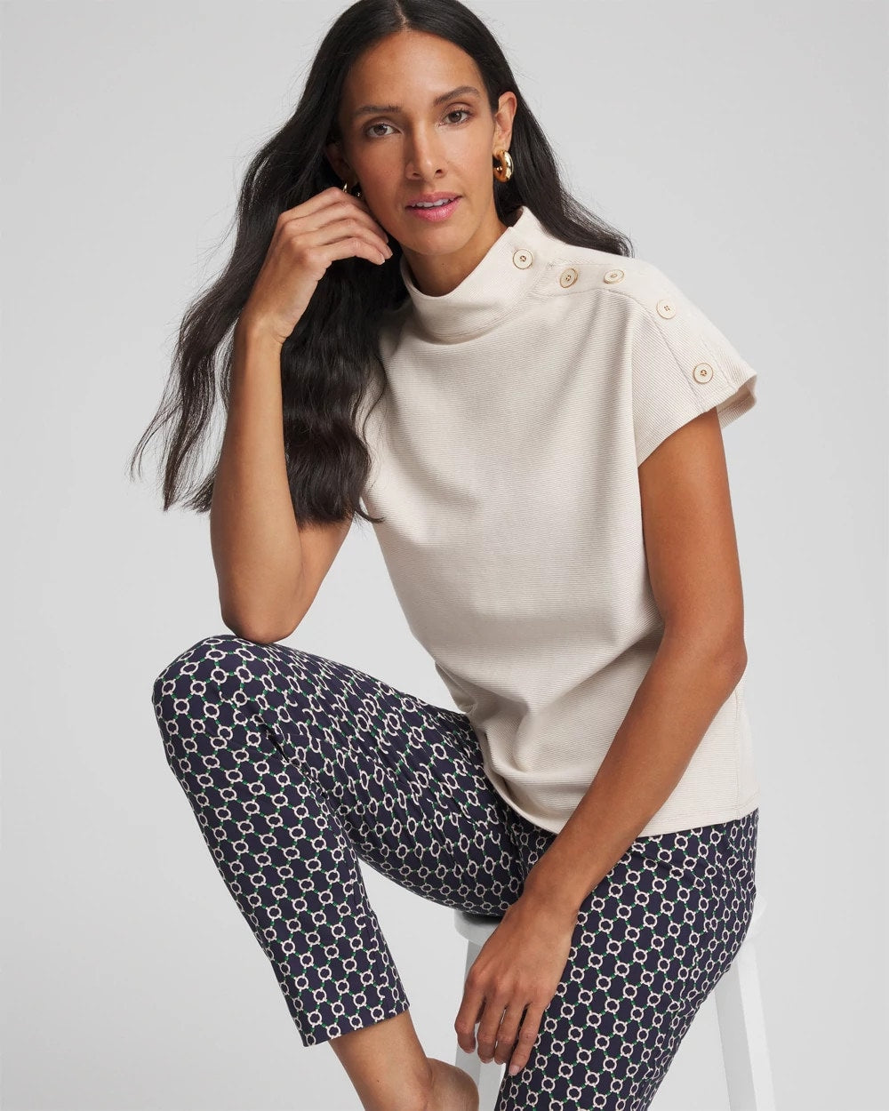 Chico's Ottoman Cap Sleeve Tee WHITE TRUFFLE