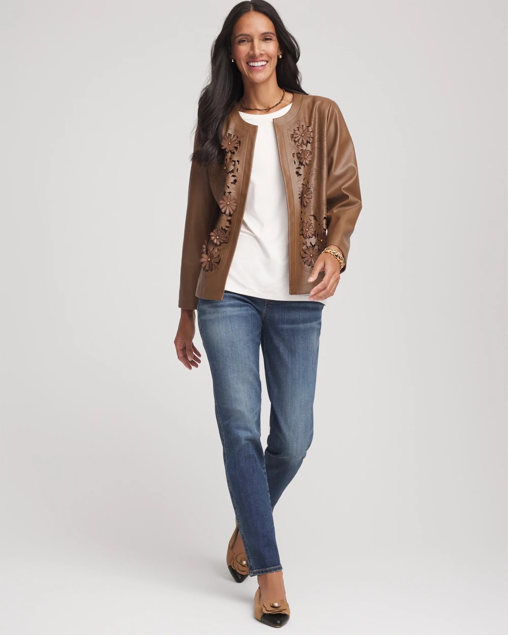 Chico's Floral Cutwork Faux Leather Jacket CHOCOLATE TRUFFLE