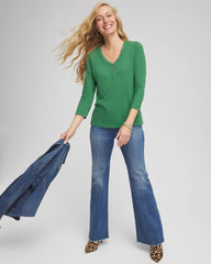 Chico's Slub Splitneck Button Tee JARDIN GREEN