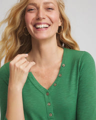 Chico's Slub Splitneck Button Tee JARDIN GREEN