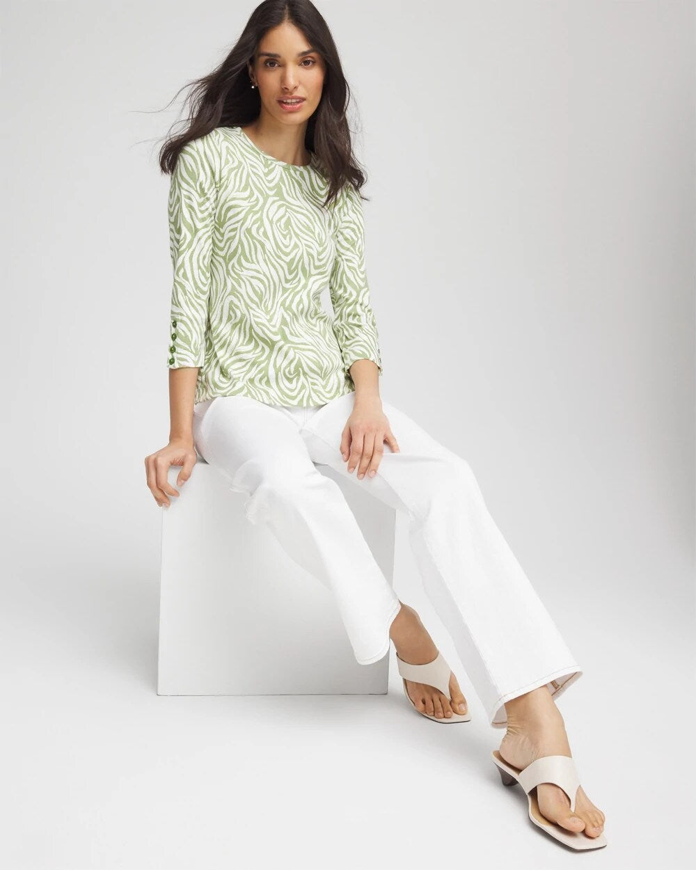 Chico's Pima Button Sleeve Tee GRASSY GREEN
