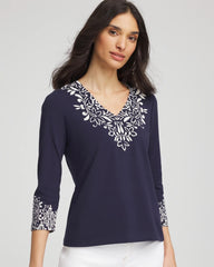Chico's Chic Scroll 3/4 Sleeve Perfect Tee PASSPORT BLUE