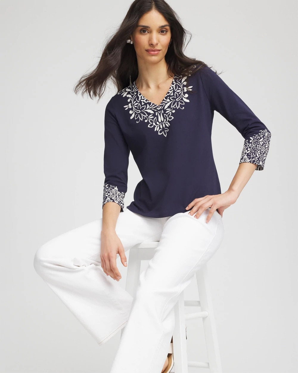 Chico's Chic Scroll 3/4 Sleeve Perfect Tee PASSPORT BLUE