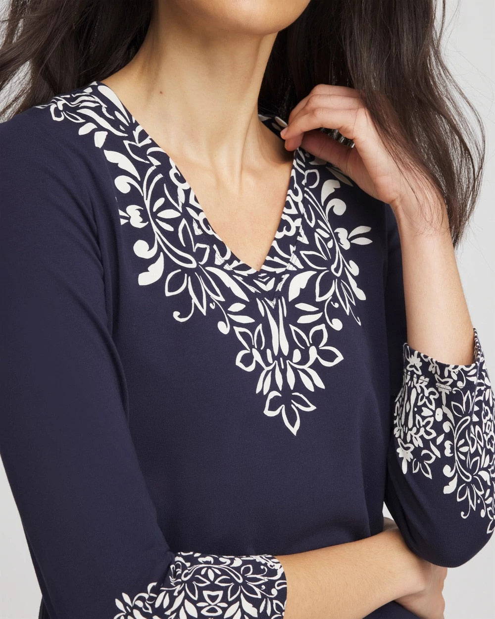 Chico's Chic Scroll 3/4 Sleeve Perfect Tee PASSPORT BLUE