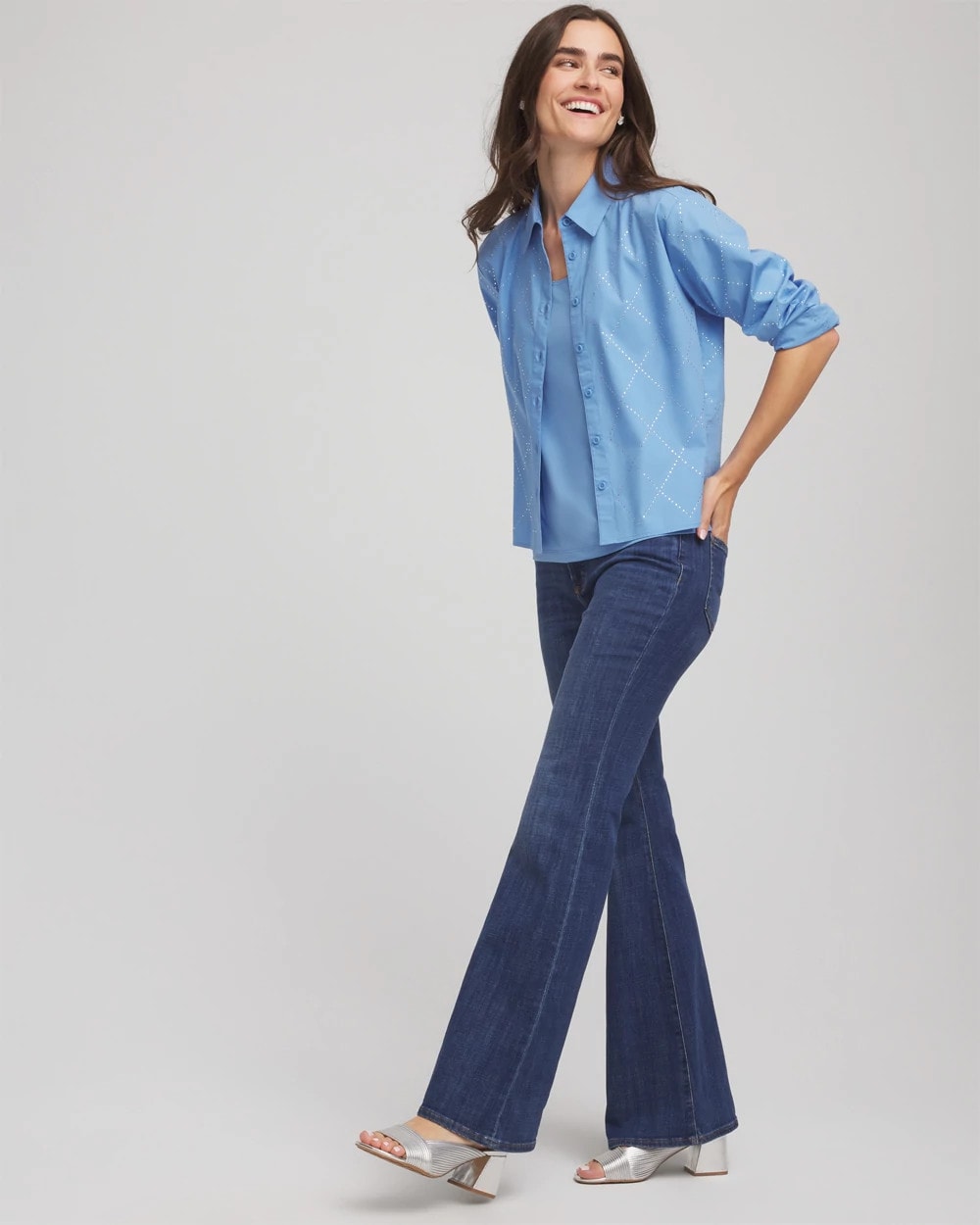 Chico's Embellished Stretch Cotton Collared Shirt TIDAL BLUE