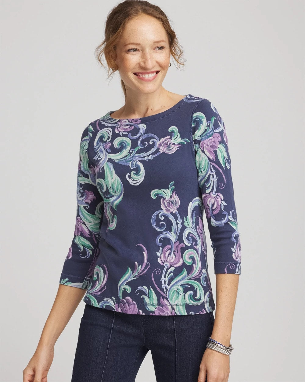 Chico's Pima 3/4 Sleeve Tee TEAL SHADOW