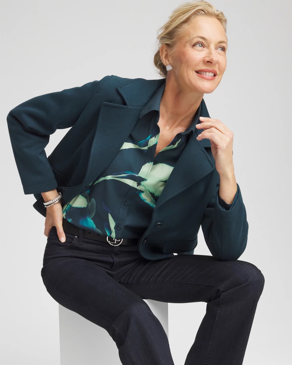 Chico's No Iron™ Glacial Flora Sateen Shirt TEAL SHADOW