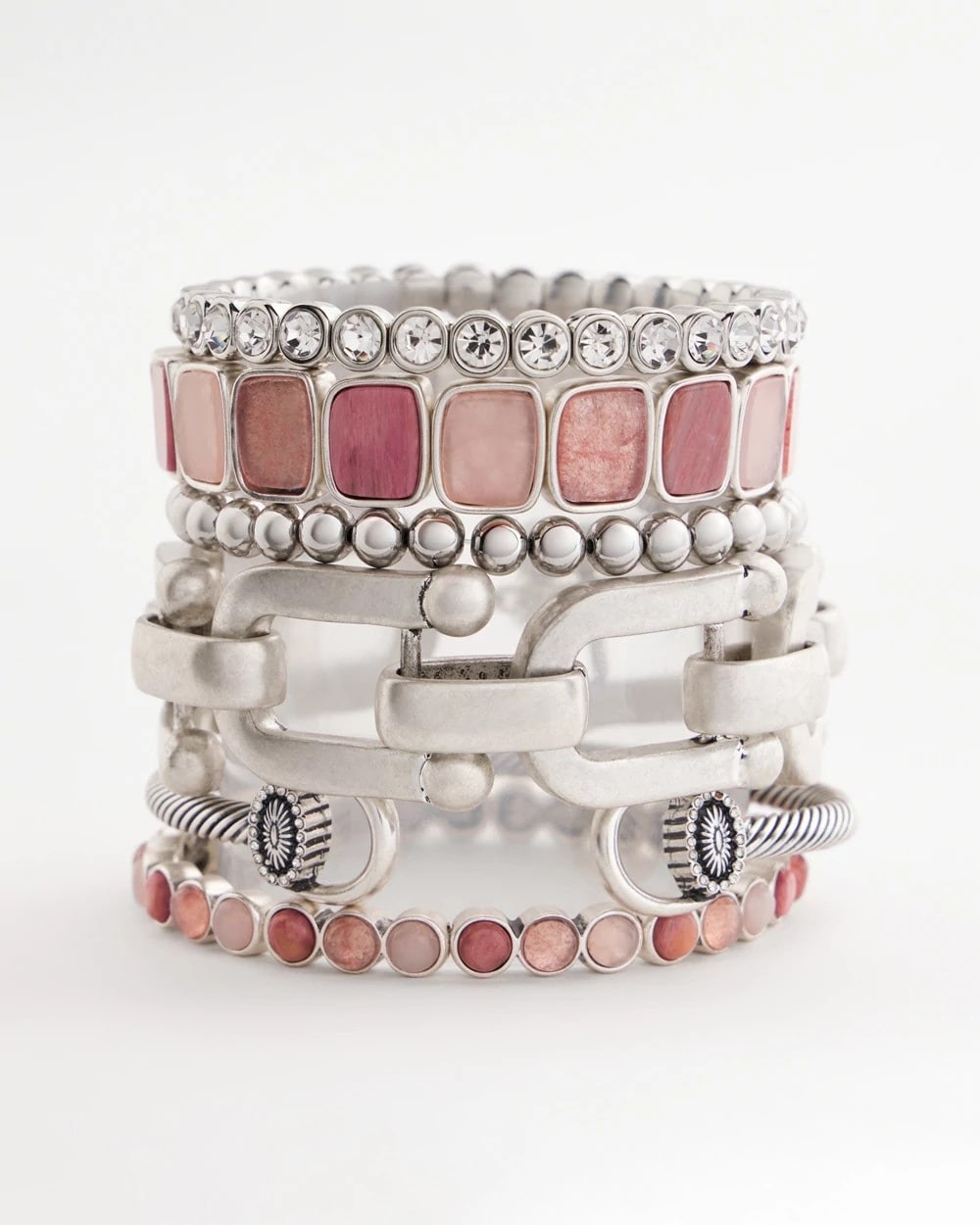 Chico's Quartz & Rhodonite Stone Silvertone Round Stretch SIESTA ROSE