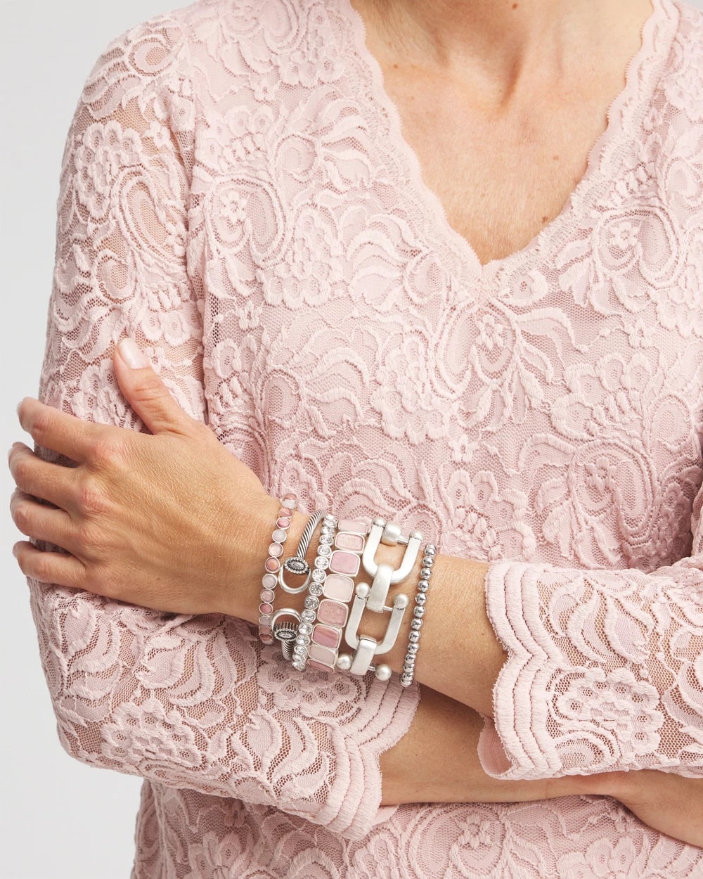 Chico's Quartz & Rhodonite Stone Silvertone Round Stretch SIESTA ROSE