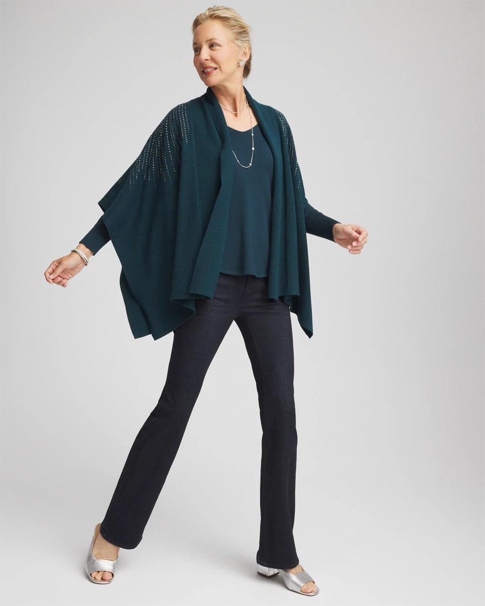 Chico's Embellished Shawl Collar Ruana TEAL SHADOW