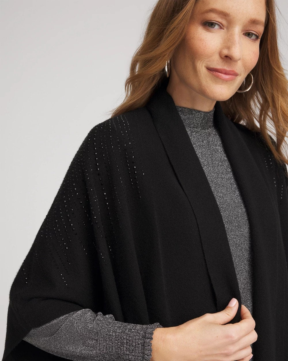 Chico's Embellished Shawl Collar Ruana BLACK