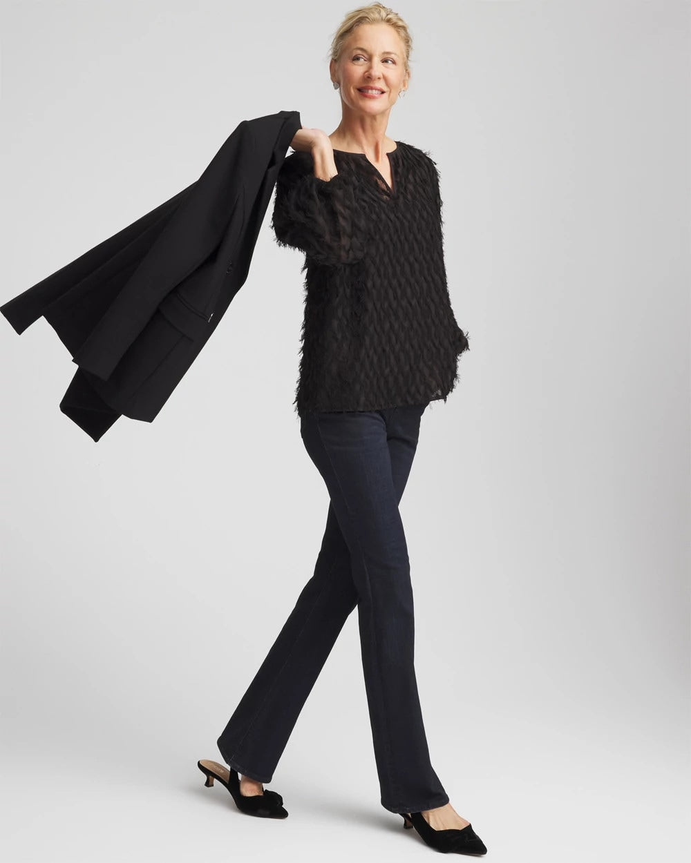 Chico's Feathered Pullover Peasant Blouse BLACK
