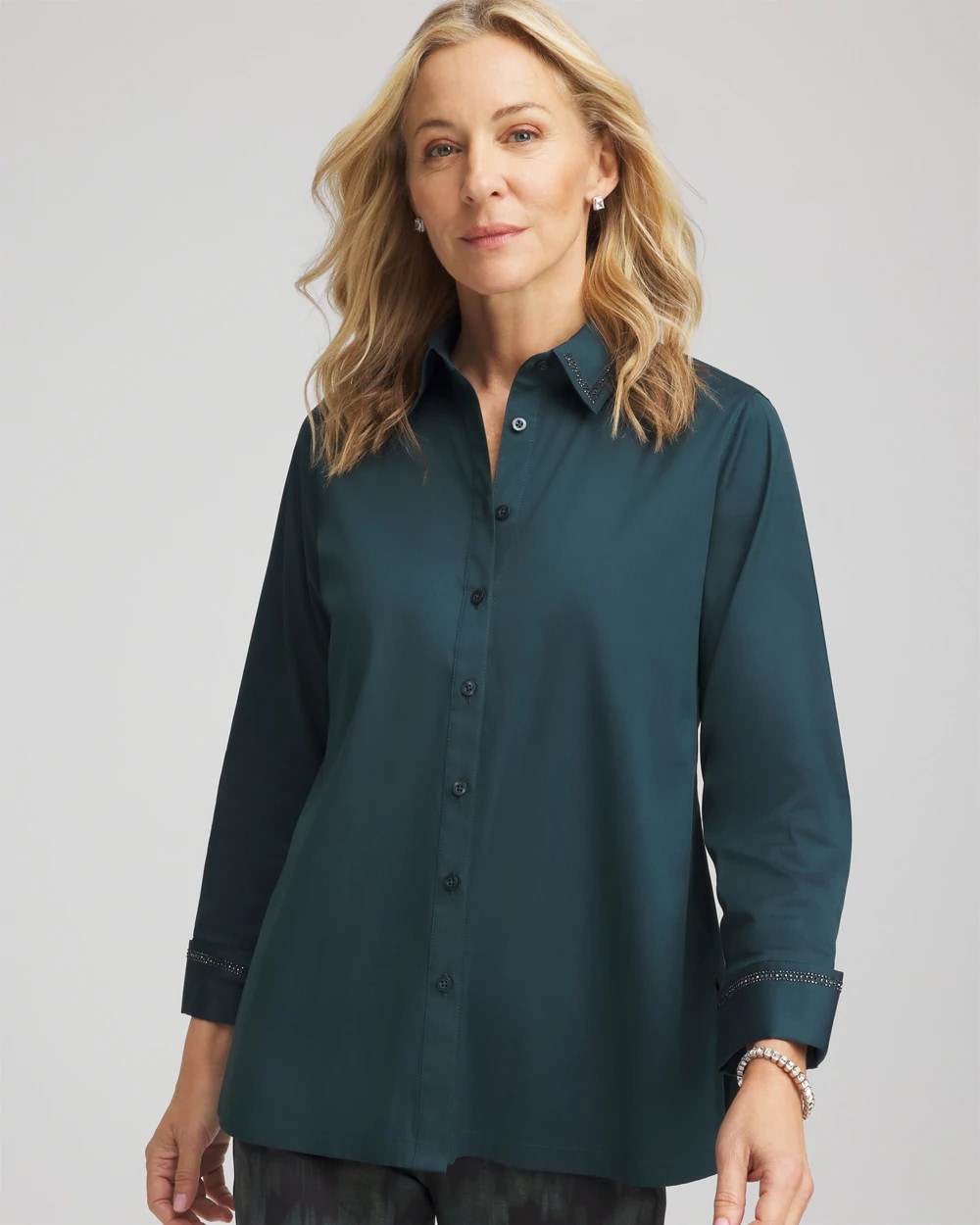 Chico's Rhinestone Embellished Poplin Tunic TEAL SHADOW