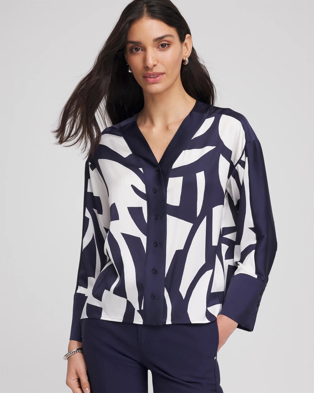 Chico's Satin Geo Print Blouse PASSPORT BLUE