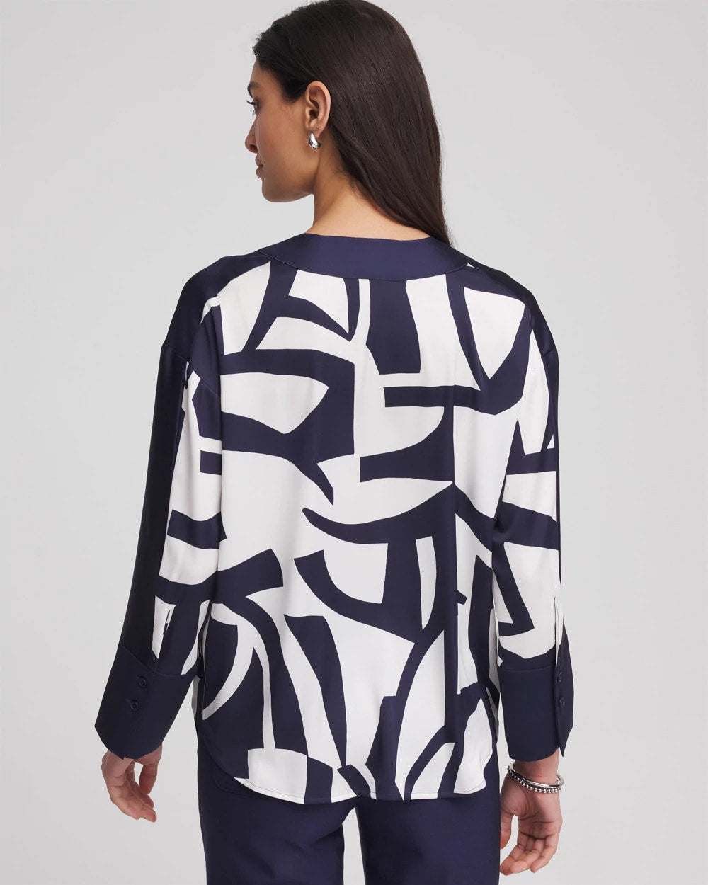 Chico's Satin Geo Print Blouse PASSPORT BLUE