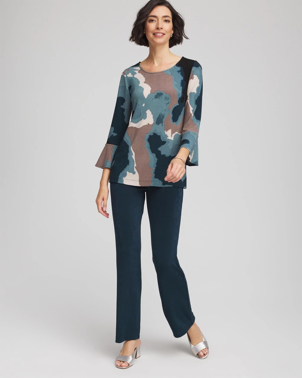 Chico's Travelers™ Crystal Flounce Sleeve Tunic TEAL SHADOW