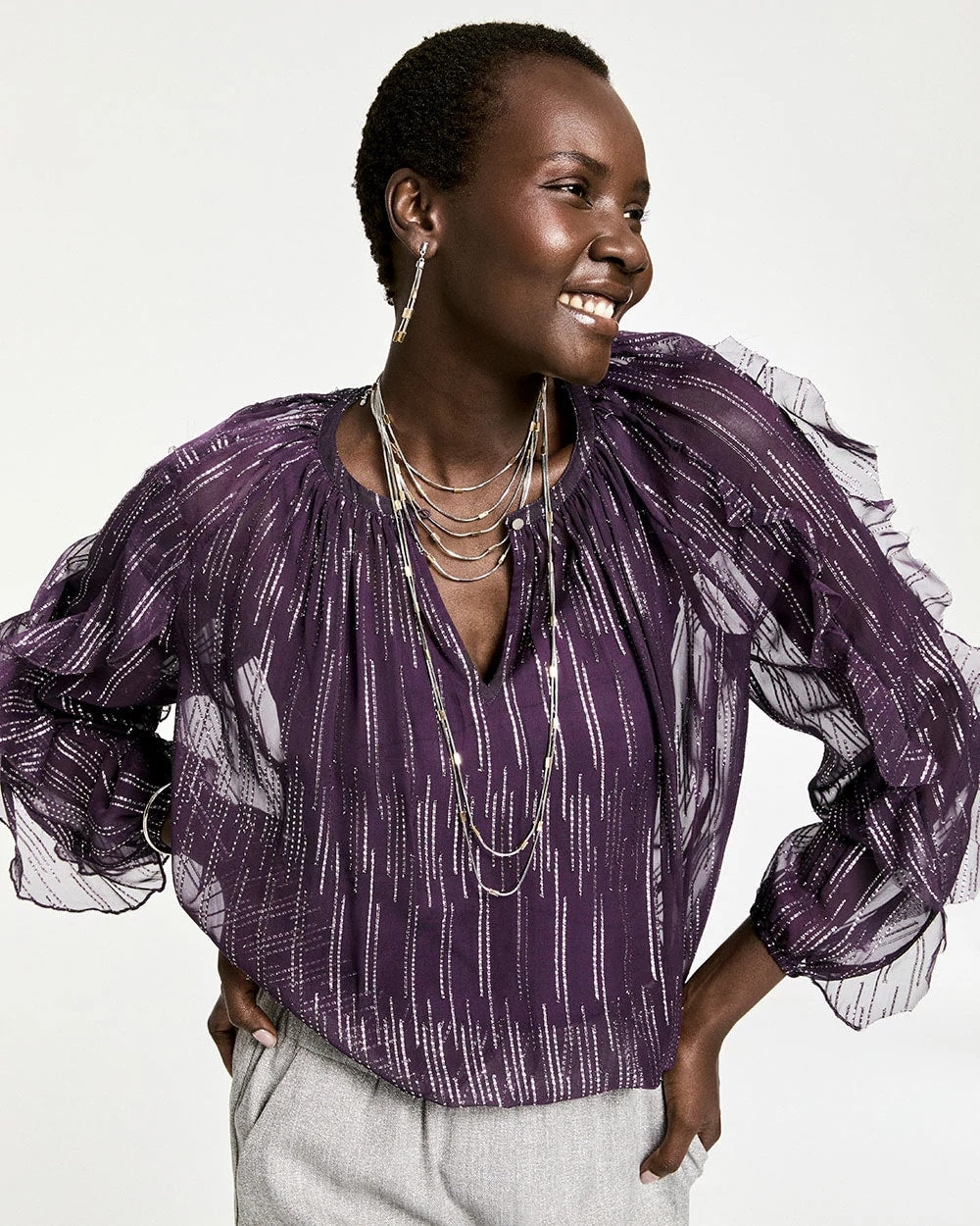 Chico's Georgette Ruffle Sleeve Blouse PURPLE ELIXIR