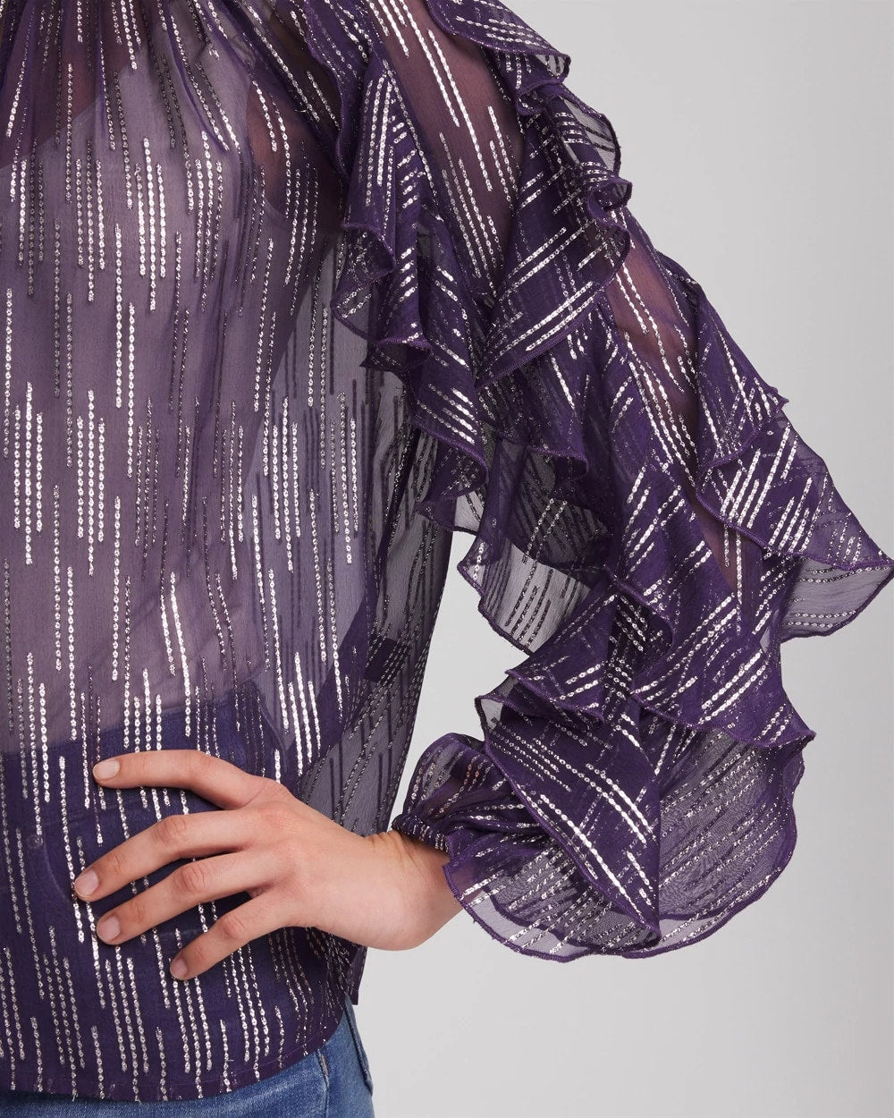 Chico's Georgette Ruffle Sleeve Blouse PURPLE ELIXIR