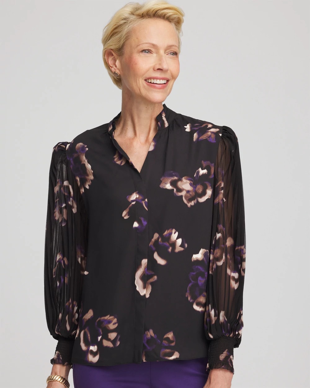Chico's Fjord Flora Opaque Crepe Blouse BLACK